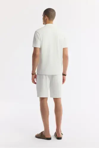 Men's Ecru Regular Fit Jacquard Band Collar Short Sleeve - 4