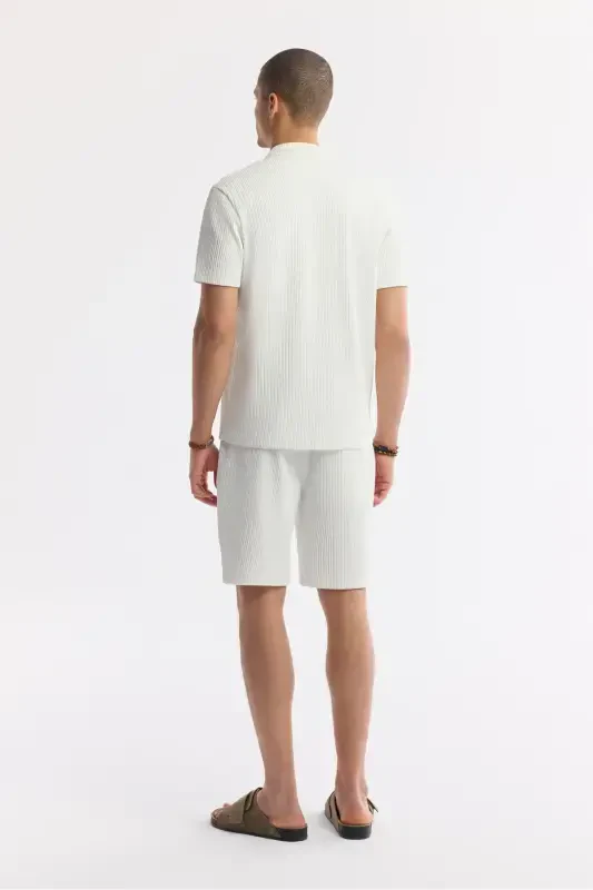 Men's Ecru Regular Fit Jacquard Band Collar Short Sleeve - 4