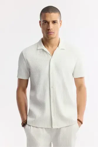 Men's Ecru Regular Fit Jacquard Band Collar Short Sleeve - 5