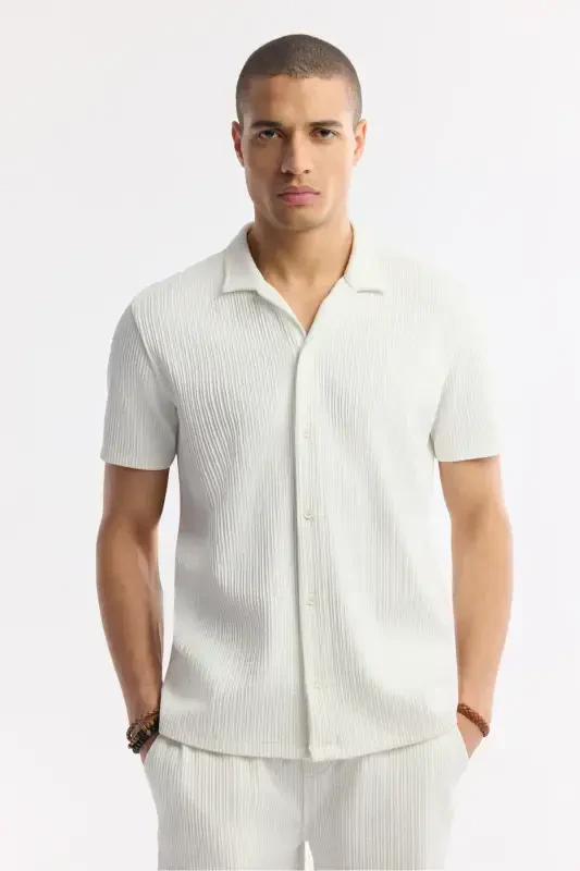 Men's Ecru Regular Fit Jacquard Band Collar Short Sleeve - 5