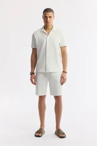 Men's Ecru Regular Fit Jacquard Band Collar Short Sleeve - 6