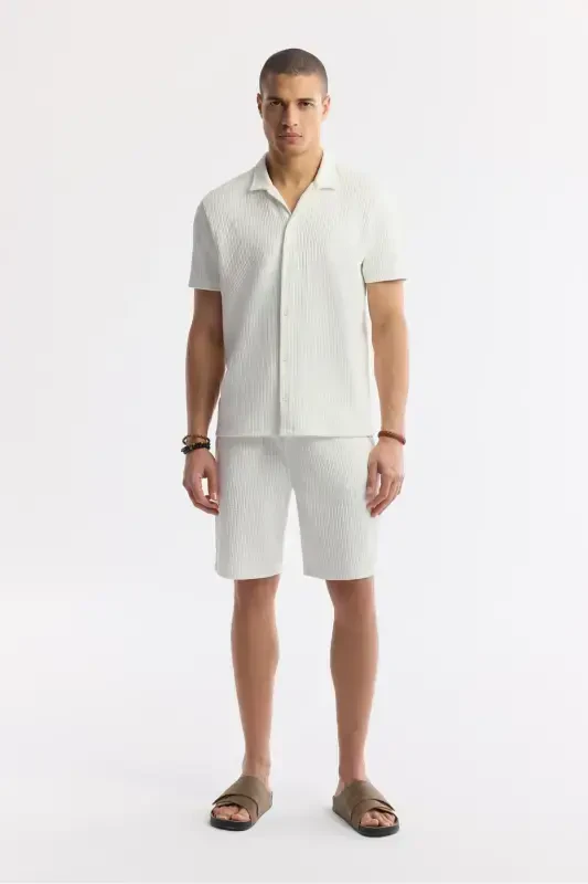 Men's Ecru Regular Fit Jacquard Band Collar Short Sleeve - 6