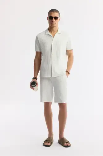Men's Ecru Regular Fit Jacquard Band Collar Short Sleeve - 7
