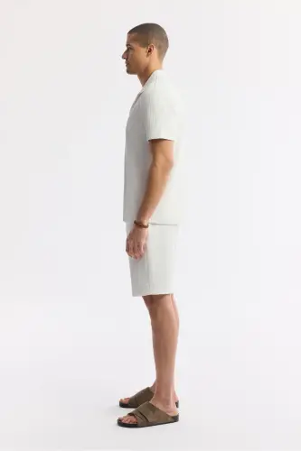 Men's Ecru Regular Fit Jacquard Band Collar Short Sleeve - 3