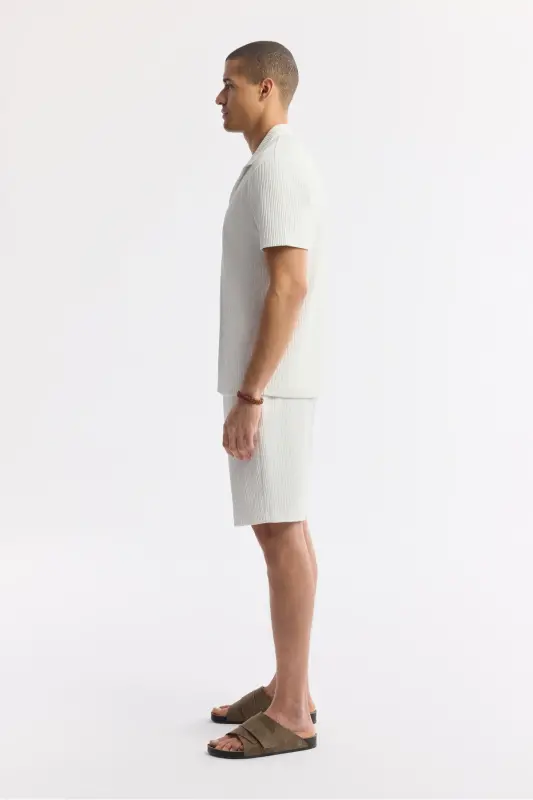 Men's Ecru Regular Fit Jacquard Band Collar Short Sleeve - 3