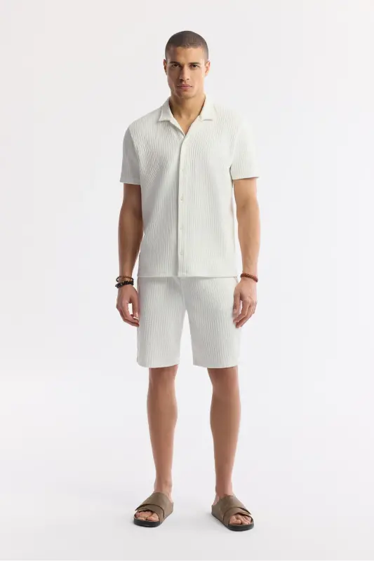 Men's Ecru Regular Fit Jacquard Band Collar Short Sleeve - 6