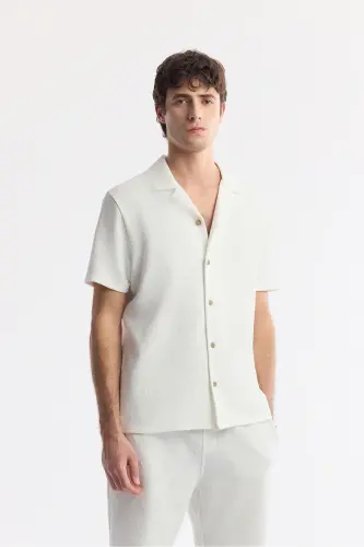 Men's Ecru Regular Fit Jacquard Band Collar Short Sleeve Knit Shirt A51y2144-Ecru - 1