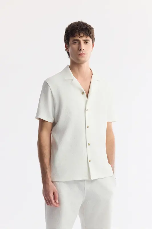 Men's Ecru Regular Fit Jacquard Band Collar Short Sleeve Knit Shirt A51y2144-Ecru - 1