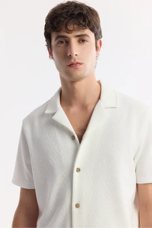 Men's Ecru Regular Fit Jacquard Band Collar Short Sleeve Knit Shirt A51y2144-Ecru - 2
