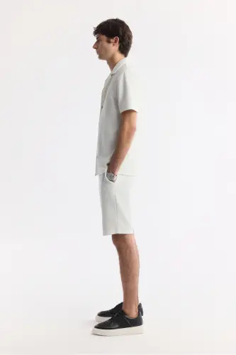 Men's Ecru Regular Fit Jacquard Band Collar Short Sleeve Knit Shirt A51y2144-Ecru - 3