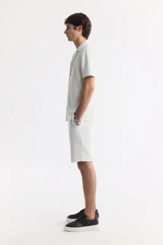 Men's Ecru Regular Fit Jacquard Band Collar Short Sleeve Knit Shirt A51y2144-Ecru - 3