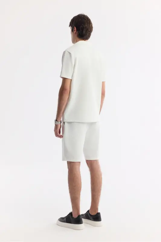 Men's Ecru Regular Fit Jacquard Band Collar Short Sleeve Knit Shirt A51y2144-Ecru - 4