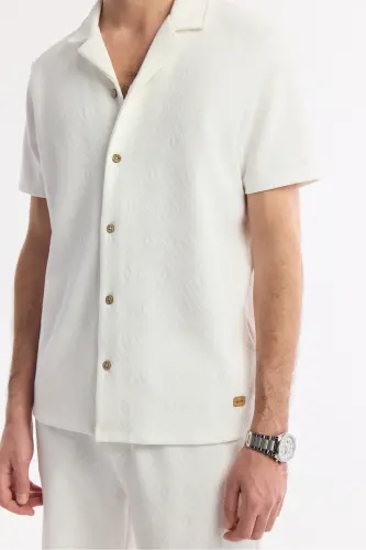 Men's Ecru Regular Fit Jacquard Band Collar Short Sleeve Knit Shirt A51y2144-Ecru - 5