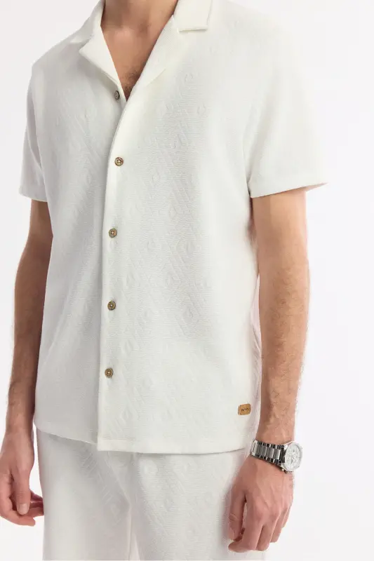 Men's Ecru Regular Fit Jacquard Band Collar Short Sleeve Knit Shirt A51y2144-Ecru - 5