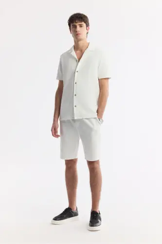 Men's Ecru Regular Fit Jacquard Band Collar Short Sleeve Knit Shirt A51y2144-Ecru - 6