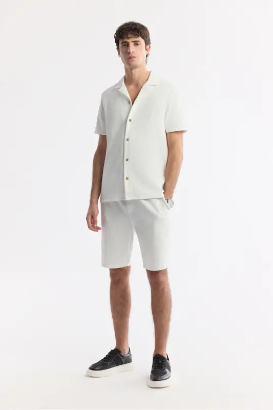 Men's Ecru Regular Fit Jacquard Band Collar Short Sleeve Knit Shirt A51y2144-Ecru - 6