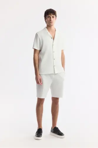 Men's Ecru Regular Fit Jacquard Band Collar Short Sleeve Knit Shirt A51y2144-Ecru - 7