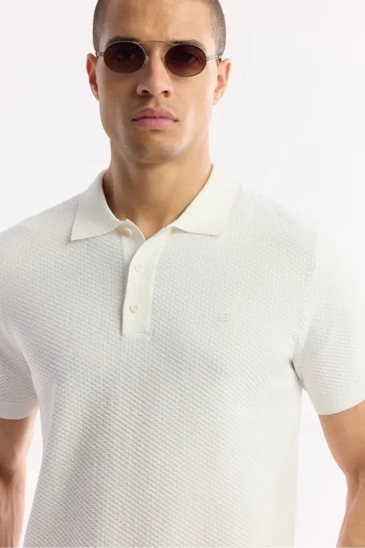 Men's Ecru Regular Fit Polo Collar Textured Knit T-shirt B005120-Ecru - 2