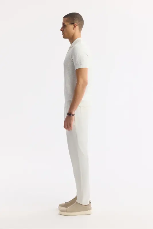 Men's Ecru Regular Fit Polo Collar Textured Knit T-shirt B005120-Ecru - 3