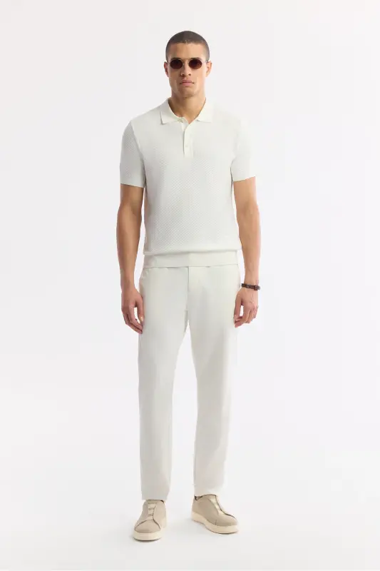 Men's Ecru Regular Fit Polo Collar Textured Knit T-shirt B005120-Ecru - 5