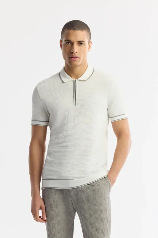 Men's Ecru Regular Fit Polo Neck Textured Rayon Knit T-shirt A51y5165-Ecru - AVVA