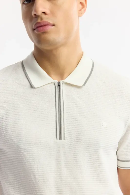 Men's Ecru Regular Fit Polo Neck Textured Rayon Knit T-shirt A51y5165-Ecru - 7