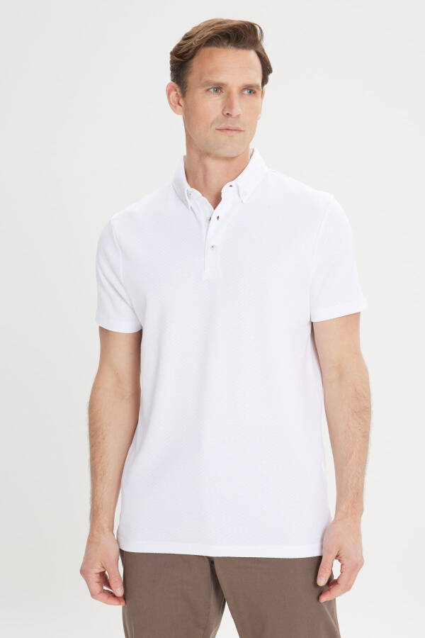 Men's Ecru Slim Fit Narrow Cut Cotton Jacquard Polo Shirt - 1