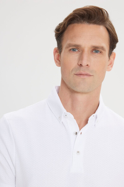 Men's Ecru Slim Fit Narrow Cut Cotton Jacquard Polo Shirt - 5