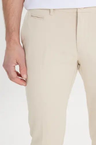Men's Ecru Slim Fit Side Pocket Cotton Stretch Dobby Trousers - Ecru - 6