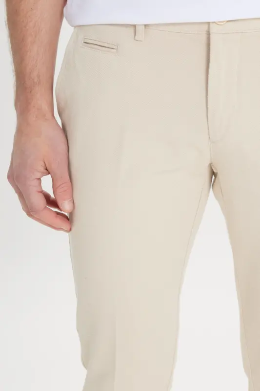 Men's Ecru Slim Fit Side Pocket Cotton Stretch Dobby Trousers - Ecru - 6