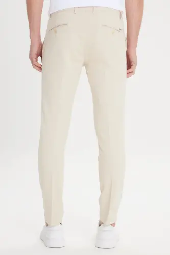 Men's Ecru Slim Fit Side Pocket Cotton Stretch Dobby Trousers - Ecru - 7