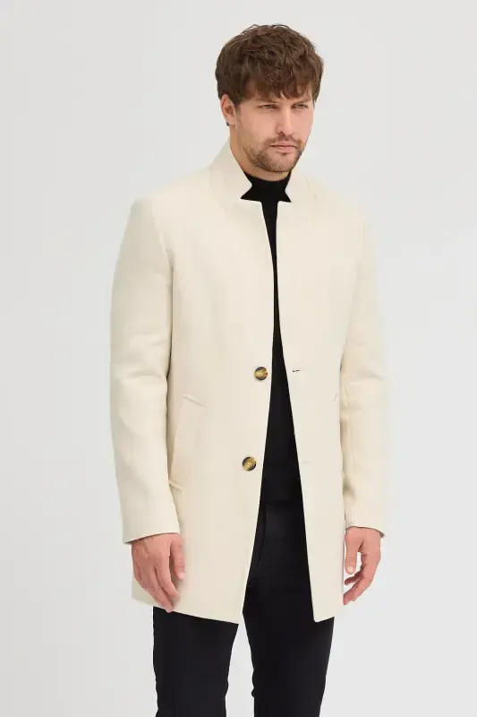 Men's Ecru Slim Fit Stand-Up Collar Cashmere Coat-Ecru - 1