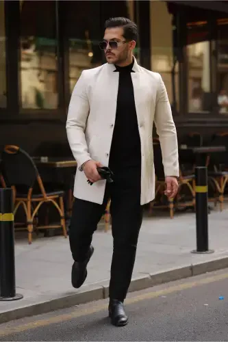 Men's Ecru Slim Fit Stand-Up Collar Wool Coat-Ecru - 1