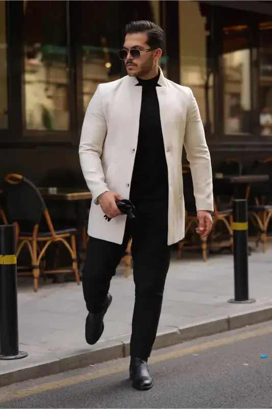 Men's Ecru Slim Fit Stand-Up Collar Wool Coat-Ecru - 1