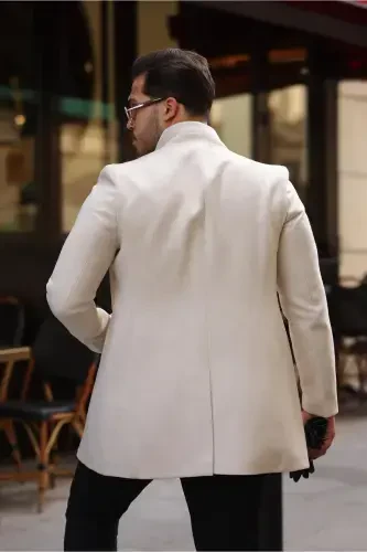 Men's Ecru Slim Fit Stand-Up Collar Wool Coat-Ecru - 4