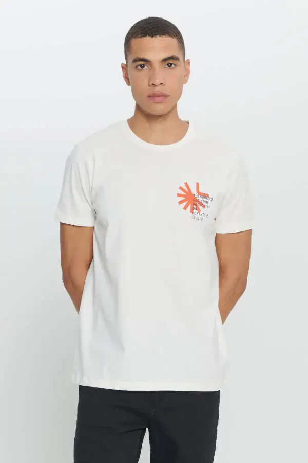 Men's Ecru Standard Fit Regular Cut 100% Cotton Soft Touch Printed Crew Neck T-shirt - 3