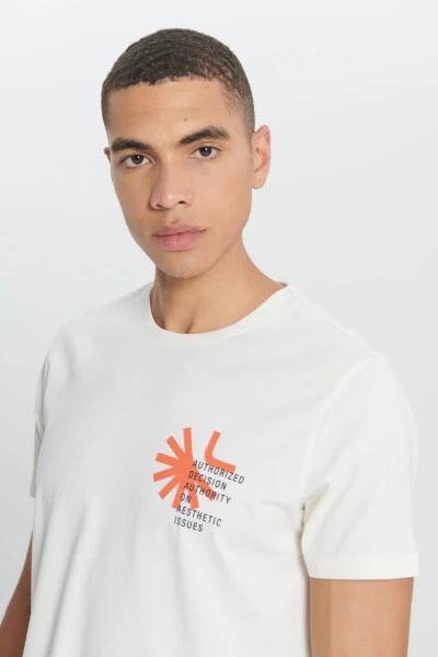 Men's Ecru Standard Fit Regular Cut 100% Cotton Soft Touch Printed Crew Neck T-shirt - 4