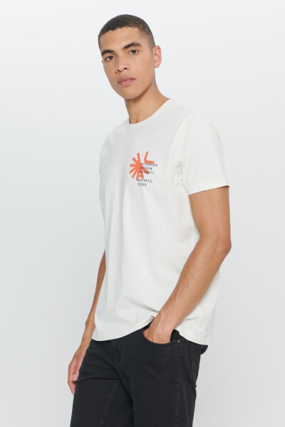 Men's Ecru Standard Fit Regular Cut 100% Cotton Soft Touch Printed Crew Neck T-shirt - MODAZONE