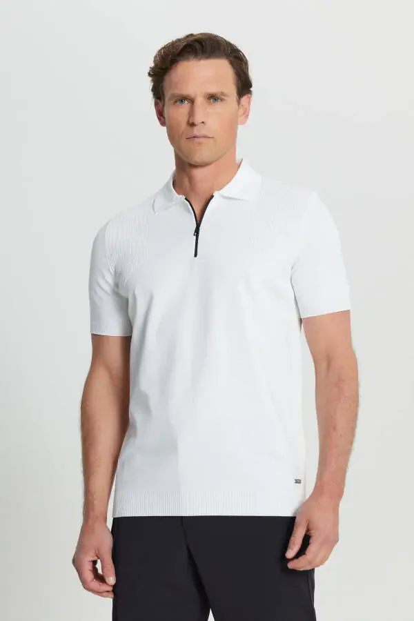 Men's Ecru Standard Fit Regular Cut Polo Neck Jacquard Knitted T-Shirt - 1