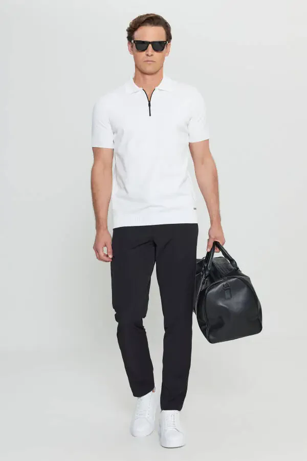 Men's Ecru Standard Fit Regular Cut Polo Neck Jacquard Knitted T-Shirt - 2