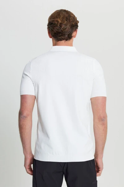 Men's Ecru Standard Fit Regular Cut Polo Neck Jacquard Knitted T-Shirt - 5