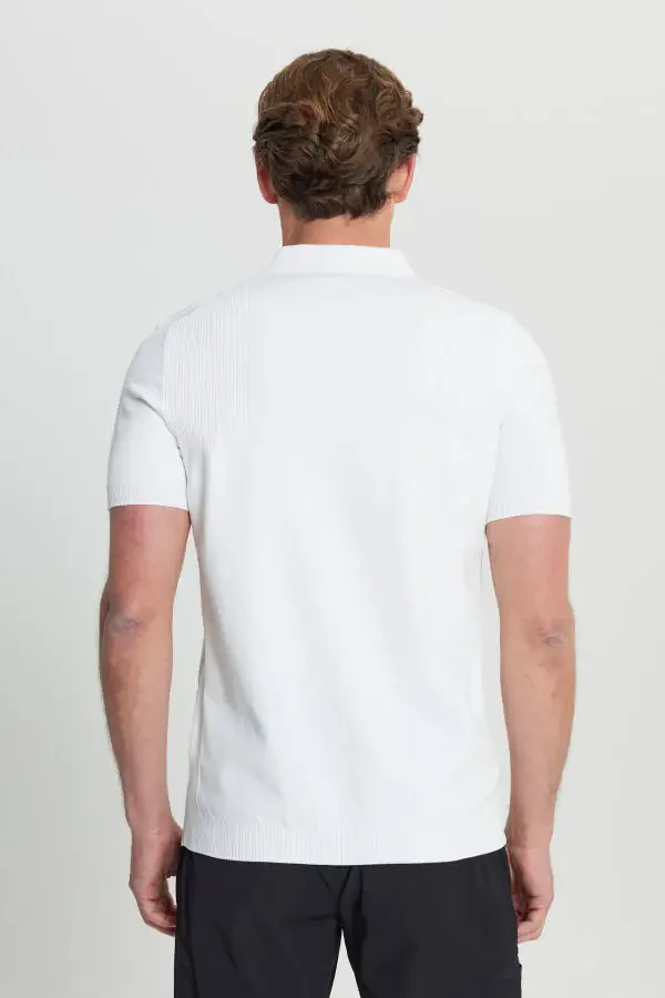 Men's Ecru Standard Fit Regular Cut Polo Neck Jacquard Knitted T-Shirt - 5