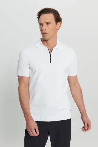 Men's Ecru Standard Fit Regular Cut Polo Neck Jacquard Knitted T-Shirt - 4