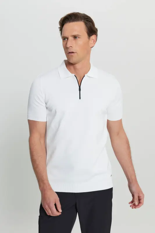 Men's Ecru Standard Fit Regular Cut Polo Neck Jacquard Knitted T-Shirt - 4