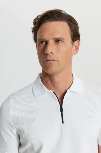 Men's Ecru Standard Fit Regular Cut Polo Neck Jacquard Knitted T-Shirt - 5