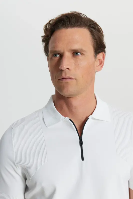 Men's Ecru Standard Fit Regular Cut Polo Neck Jacquard Knitted T-Shirt - 5