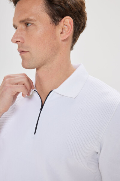 Men's Ecru Standard Fit Regular Cut Polo Neck Jacquard Knitted T-shirt - 3