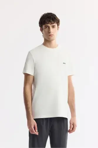 Men's Ecru T-shirt with Logo Print on Back and Chest, Crew Neck, Regular Fit B001040 - 1