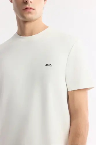 Men's Ecru T-shirt with Logo Print on Back and Chest, Crew Neck, Regular Fit B001040 - 3