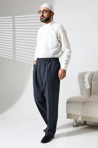 Men's Elastic Waist Pocket Hac and Umrah Winter Wool Effect Shalwar Pants - Blue (ISR) 